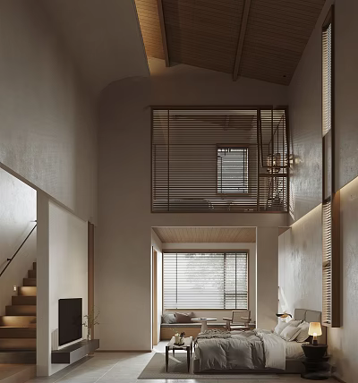 Modern Hotel Guest Room With High Ceiling Loft Design Wooden Accents And Sliding Blinds 3d model