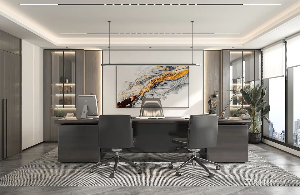 Modern Office Interior Design With Large Desk Black Chairs Decorative Painting Plant And Recessed Lighting 3d model 