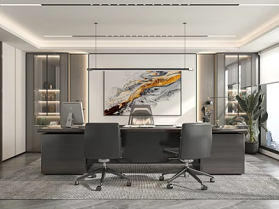 Modern Office Interior Design With Large Desk Black Chairs Decorative Painting Plant And Recessed Lighting 3d model