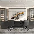 Modern Office Interior Design With Large Desk Black Chairs Decorative Painting Plant And Recessed Lighting