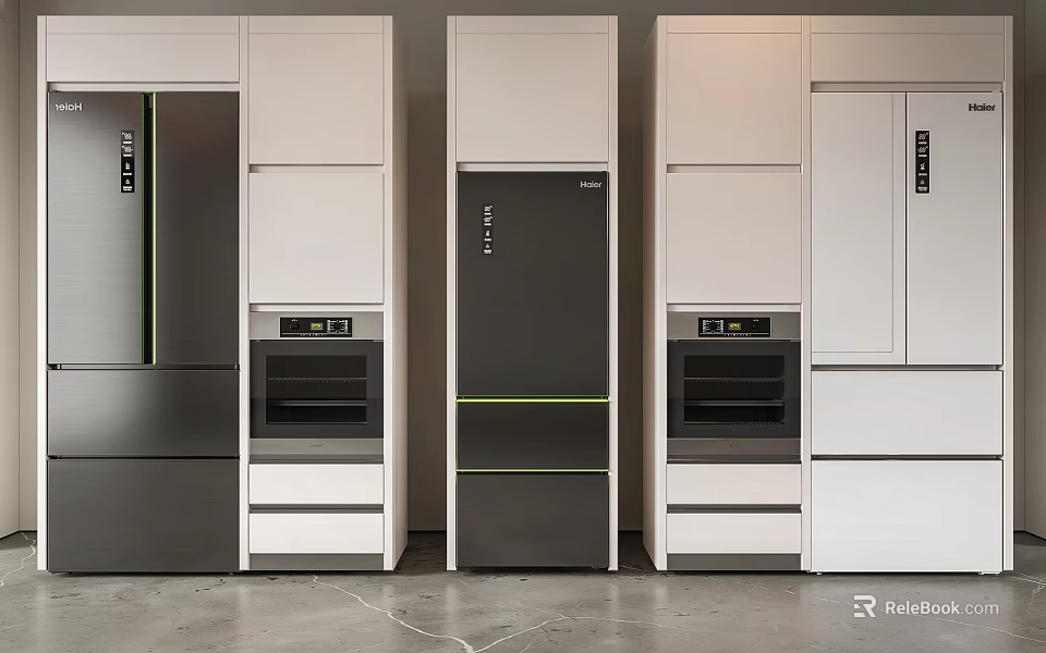 Three White Kitchen Cabinets With Refrigerator Oven And Appliances Arranged Side By Side 3d model 