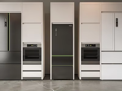 Three White Kitchen Cabinets With Refrigerator Oven And Appliances Arranged Side By Side 3d model
