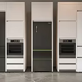 Three White Kitchen Cabinets With Refrigerator Oven And Appliances Arranged Side By Side 3d model