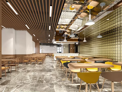Modern Restaurant Interior With Wooden Ceiling Yellow Chairs Marble Floor Wall Tiles And Pendant Lights 3d model