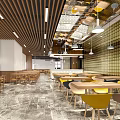 Modern Restaurant Interior With Wooden Ceiling Yellow Chairs Marble Floor Wall Tiles And Pendant Lights