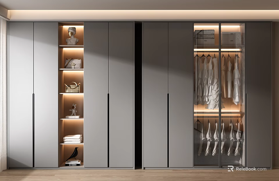 Modern Built in Wardrobe With Glass Doors Storage Shelves Clothes And Decorative Items 3d model 