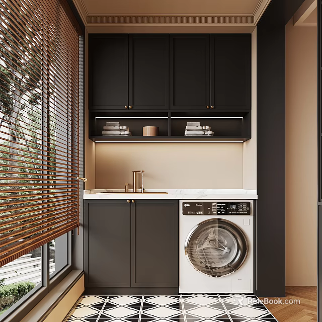 Home Balcony Interior With Wooden Blinds Black Cabinets White Countertop And Washing Machine 3d model 
