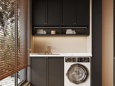 Home Balcony Interior With Wooden Blinds Black Cabinets White Countertop And Washing Machine 3d model