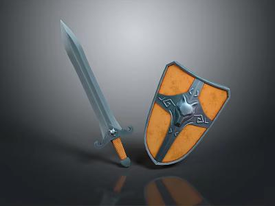 Medieval Silver Sword With Orange Hilt And Ornate Orange Shield Design 3d model