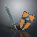 Medieval Silver Sword With Orange Hilt And Ornate Orange Shield Design