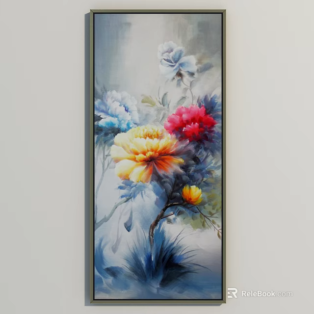 Colorful Plant Painting With Peonies And Green Leaves In Dark Frame 3d model 