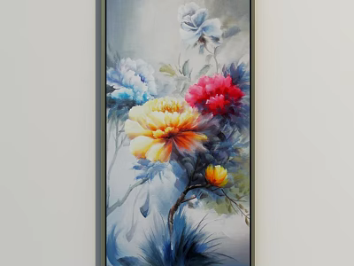 Colorful Plant Painting With Peonies And Green Leaves In Dark Frame 3d model