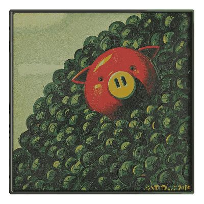 Vibrant Red Pig Animal Painting With Dense Green Leaves Background Artwork 3d model