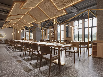 Spacious Modern Restaurant Interior With Geometric Ceiling Lights Long Tables And Chairs 3d model