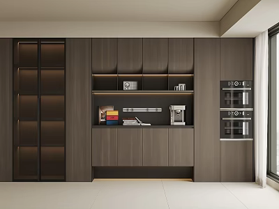 Modern Dark Wood Sideboard with Cabinets Open Shelf Built-in Ovens and Appliances 3d model