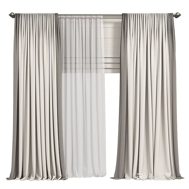 Elegant Pleated Curtains With Sheer Layer And Soft Light Beige Fabric 3d model 