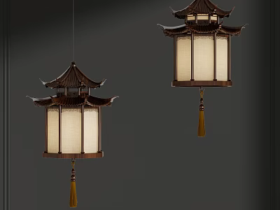 Traditional Chinese Wooden Pendant Light With Fabric Shade And Tassel Decoration 3d model