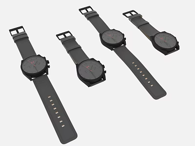 Five Stylish Watches with Black Straps Black Dials and Red Hands 3d model