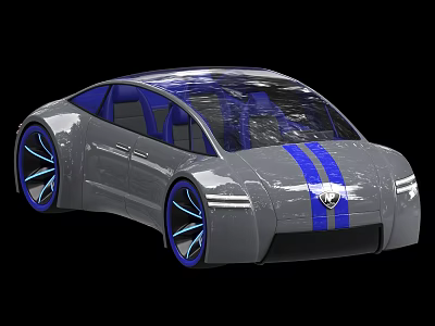 Gray Concept Car Featuring Blue Stripes Blue Rims And Sleek Aerodynamic Design 3d model