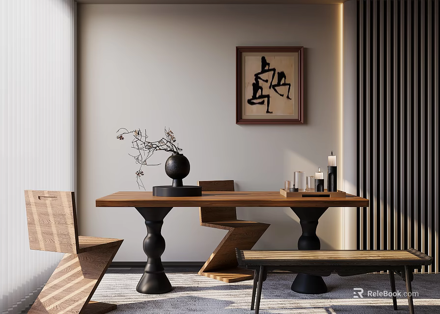 Modern Wooden Desk Setup With Stylish Chair And Decorative Wall Art 3d model 