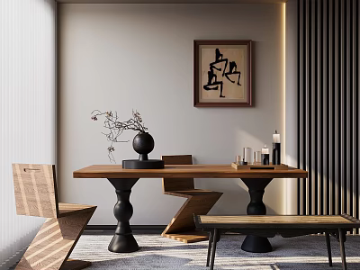 Modern Wooden Desk Setup With Stylish Chair And Decorative Wall Art 3d model