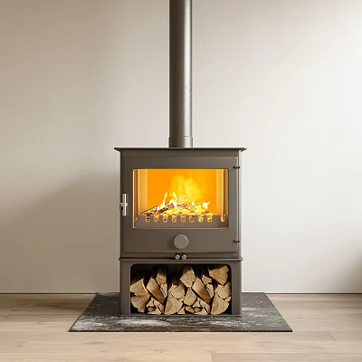Modern Metal Fireplace with Glass Door Burning Flames and Stacked Firewood on Light Wall 3d model