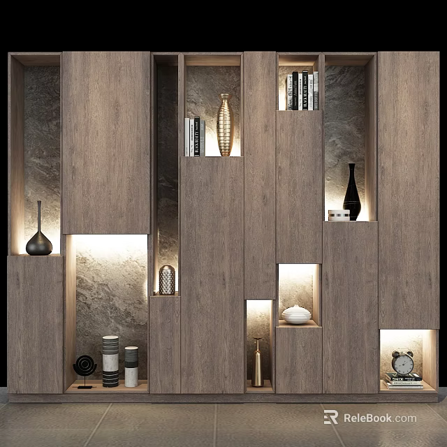 Modern Elegant Decorative Cabinet Design With Built in Lighting And Decorative Vases Books 3d model 