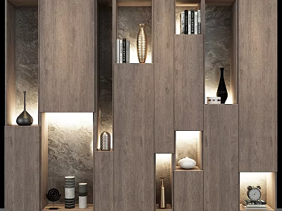 Modern Elegant Decorative Cabinet Design With Built in Lighting And Decorative Vases Books 3d model