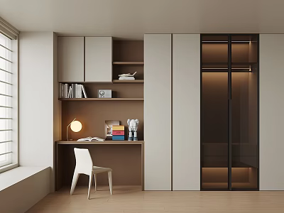 Modern Wardrobe Interior Design With Glass Doors Built-in Lighting Desk Chair And Bookshelf 3d model
