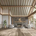 Modern Wooden Beam Interior with Large Windows Natural Light Open Design and Table Cushions