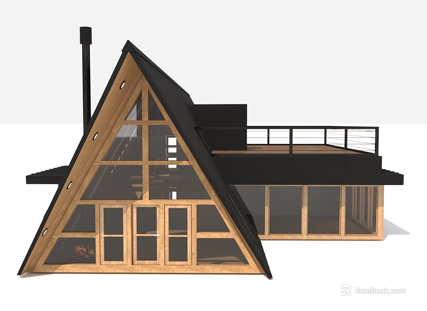 Modern Single Family House With Triangular Roof Wooden Structure Large Windows And Terrace Railing 3d model 