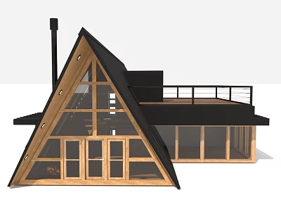 Modern Single Family House With Triangular Roof Wooden Structure Large Windows And Terrace Railing 3d model