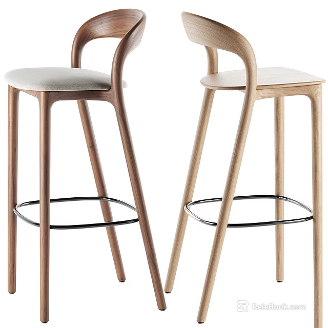 Modern Wooden Bar Stools With Metal Footrests And Upholstered Seats In Two Tones 3d model 