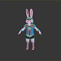 Cartoon Rabbit Character With Long Ears Blue Red Outfit Black Shorts And Orange Shoes