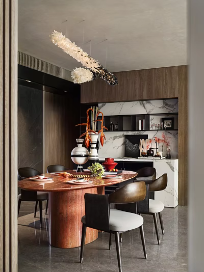 Modern Restaurant Interior With Wooden Wall Marble Counter Round Dining Table Black Chairs Vases And Hanging Lights 3d model