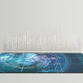 Commercial Equipment Display Mat With Blue Intricate Patterns And City Skyline Silhouette