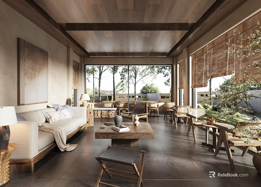 Hotel Lobby Open Space With Wooden Ceiling Sofa Coffee Table And Green Trees Outside Window 3d model 