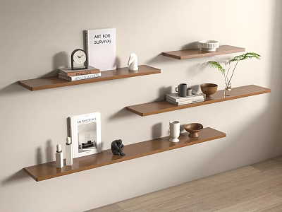 Modern Minimalist Wall Mounted Wooden Shelves with Decorative Items Books Plants and Kitchenware 3d model