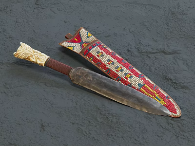 Vintage Handcrafted Knife Featuring Colorful Beaded Sheath And Wooden Handle 3d model