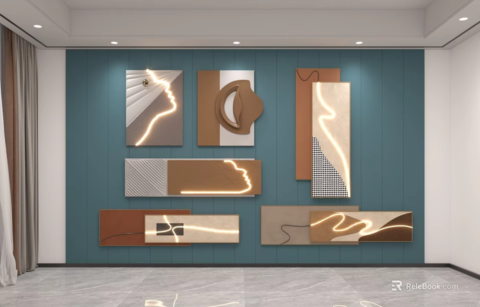 Modern Geometric Wall Decor With Illuminated Accents On Blue Panel Wall 3d model