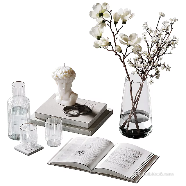 Ornamental Decor Collection With Glass Vase White Flowers Stacked Books Sculpture And Clear Cups 3d model 
