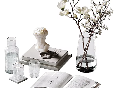 Ornamental Decor Collection With Glass Vase White Flowers Stacked Books Sculpture And Clear Cups 3d model