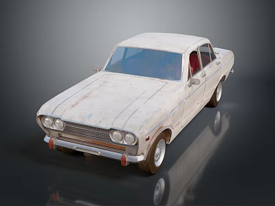 Old Classic White Sedan Featuring Rusty Body And Red Interior Design 3d model