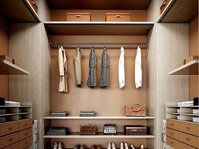 Modern Walk in Closet With Organized Clothes And Storage 3d model