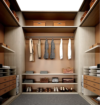 Modern Walk in Closet With Organized Clothes And Storage 3d model