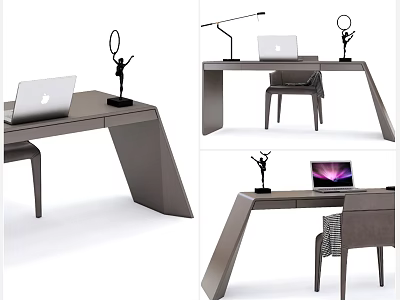 Modern Gray Desk With Laptop Table Lamp Decorative Sculpture And Chair 3d model