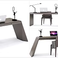 Modern Gray Desk With Laptop Table Lamp Decorative Sculpture And Chair