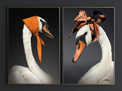 Animal Paintings of White Swans Wearing Orange Scarf and Black Orange Bow Artwork 3d model