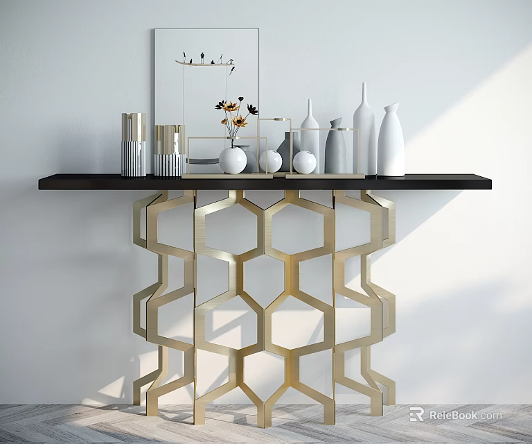 Console Table With Black Top Golden Hexagonal Base Decorative Vases Candle Holders And Mirror 3d model