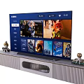 Sleek Modern TV Stand Holding Flat Screen TV With Movie Posters And Decorative Items